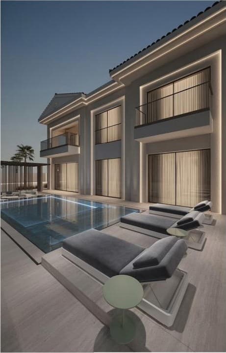Proposed villa design at Jumeirah Golf State, Dubai — evening 3D render by ARTA+ Studio